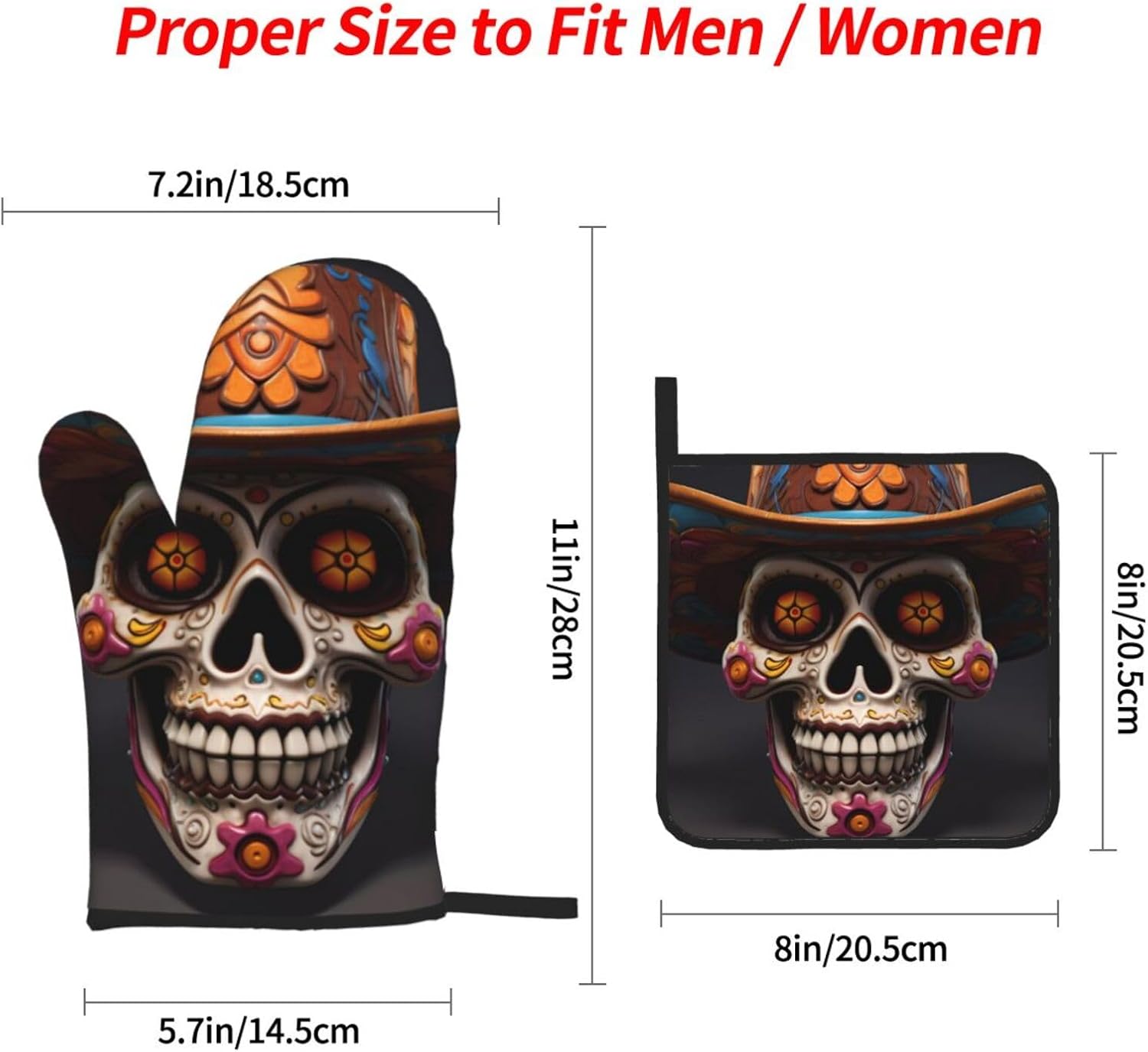4-Piece Waterproof Oven Mitt Set Heat-Resistant Mexican Halloween Skull Prints