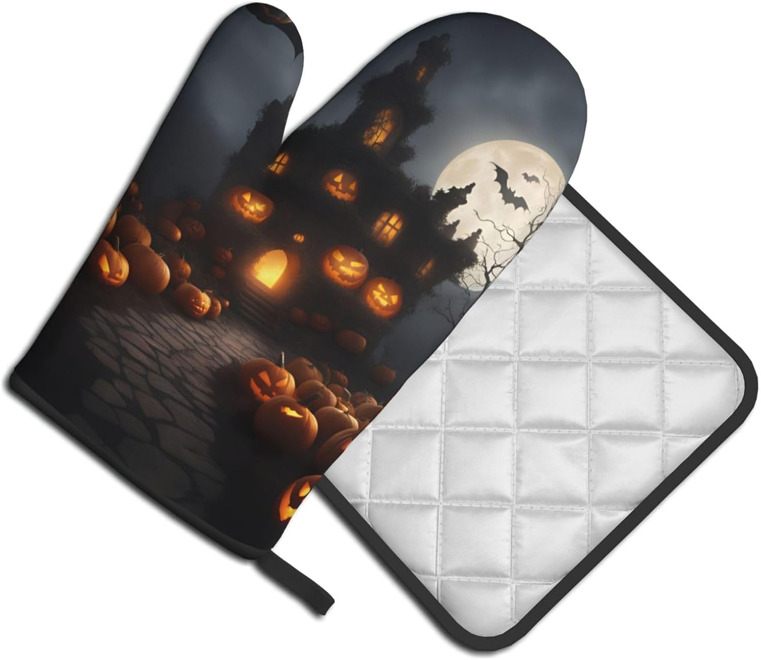 Halloween Pumpkin Print Heat-Resistant Oven Mitts Set Safe for Cooking BBQ