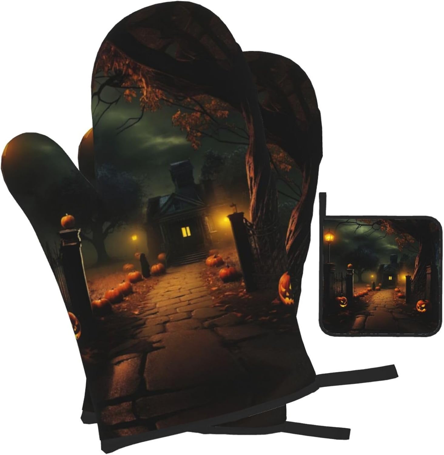 Adjustable Halloween Oven Mitts Pot Holders 3-Piece Heat-Resistant Set