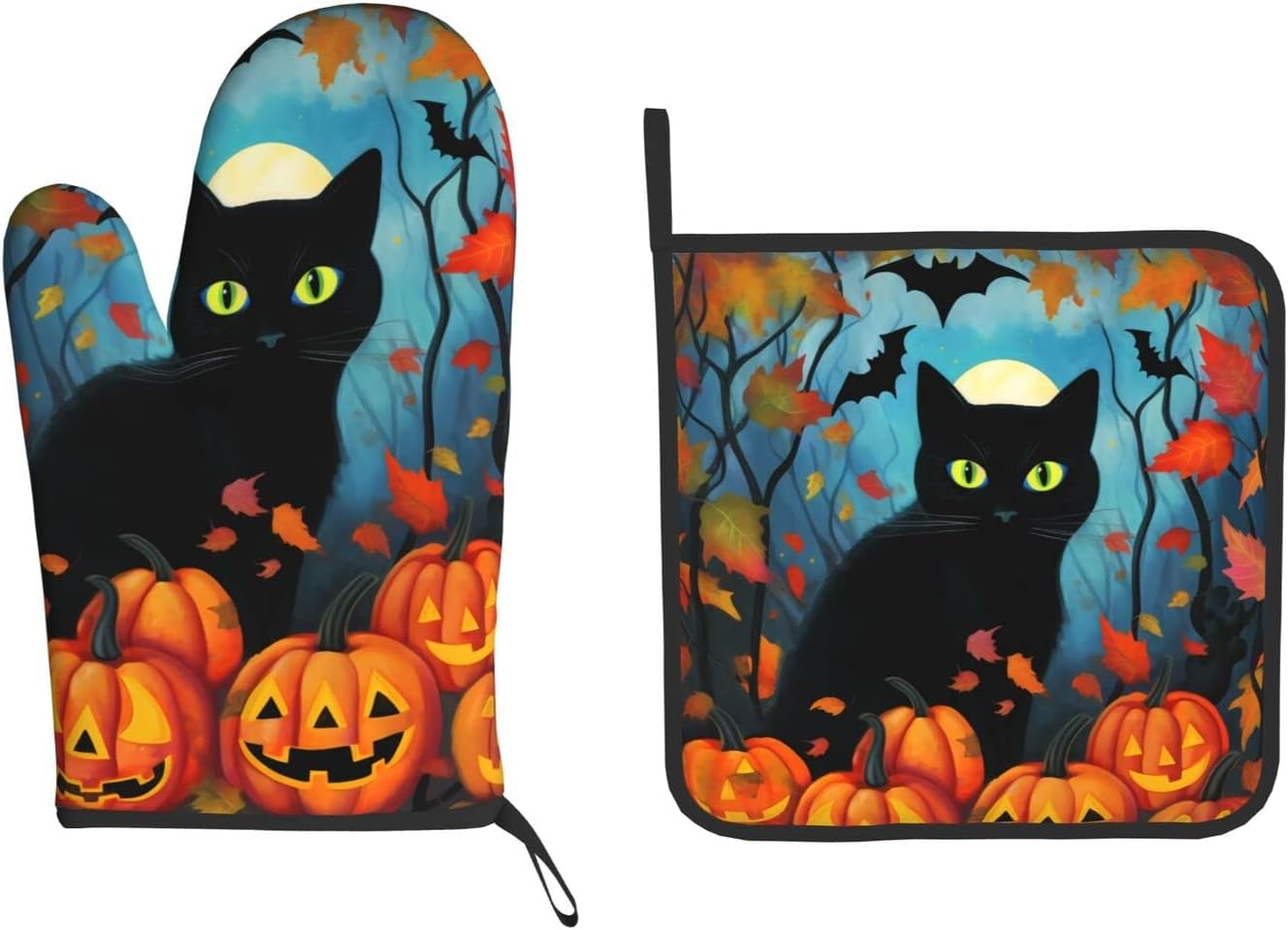 Dewoofly Black Cat Halloween Oven Mitts and Pot Holders Set
