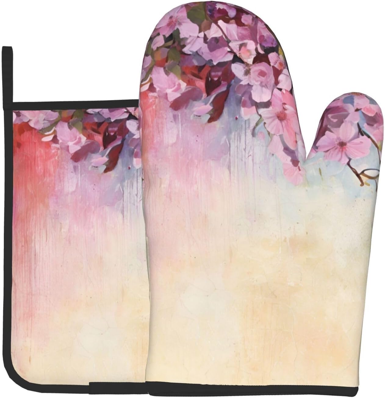 Elegant Oven Mitts Set Cherry-Printed Non-Slip Pots Pans