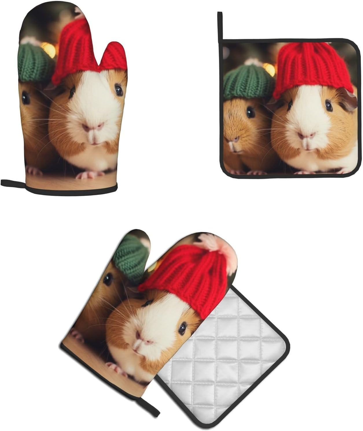 Quopvn Cute Guinea Pigs with Hats Oven Mitts 2-pc Set