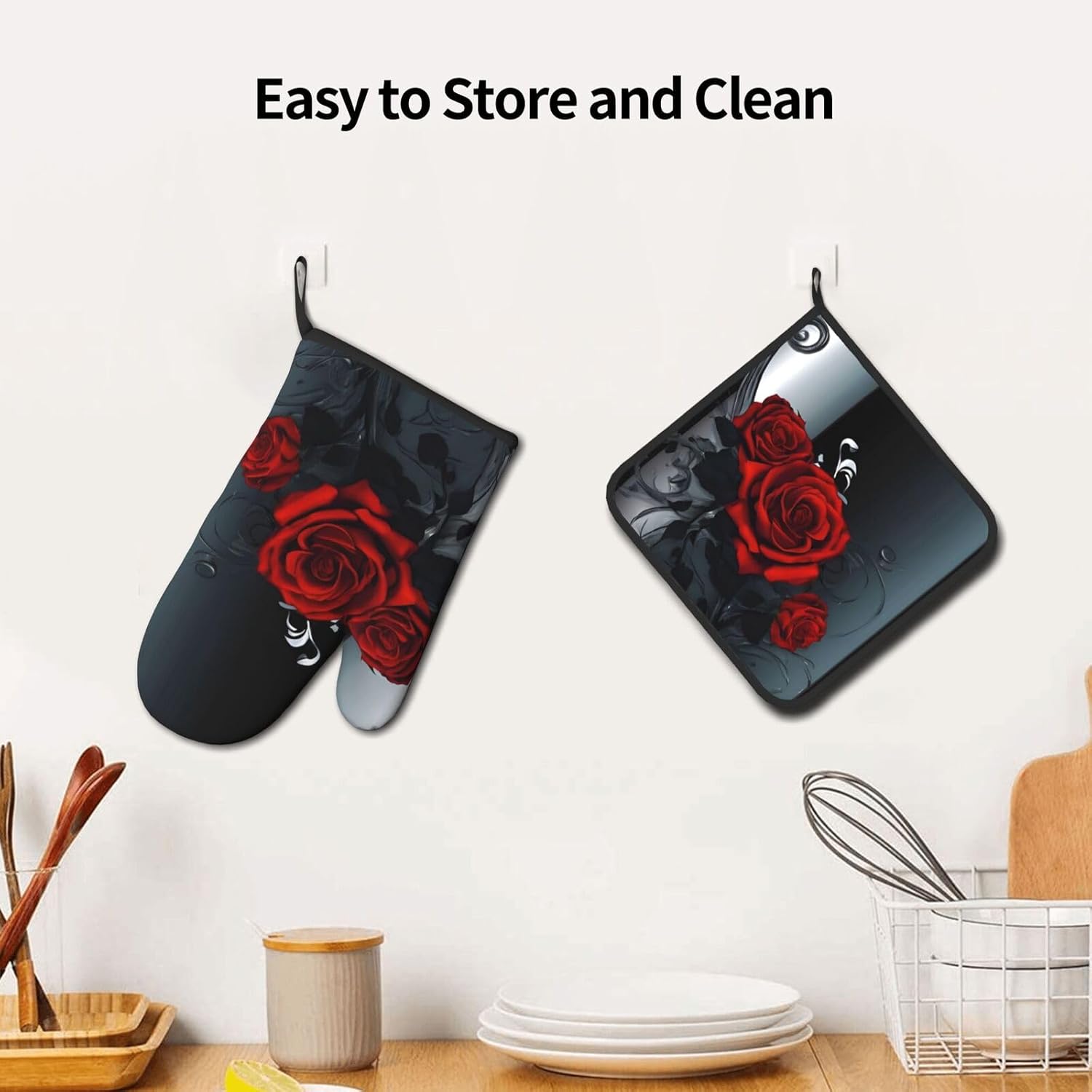 Pretty Roses Heat-Resistant Oven Mitt and Pot Holder Set