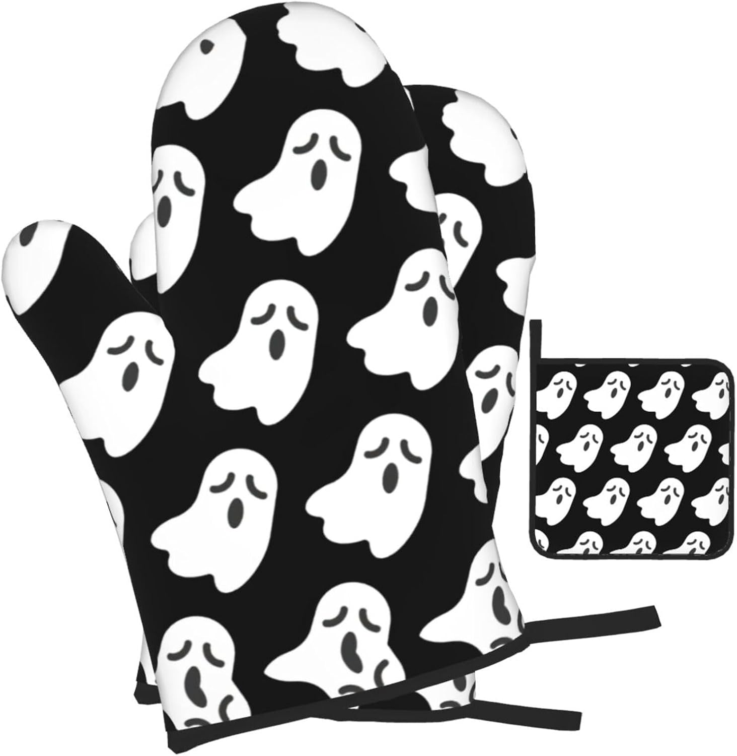 Halloween Ghost Pattern Heat-Resistant Oven Mitt Set for Cooking Baking