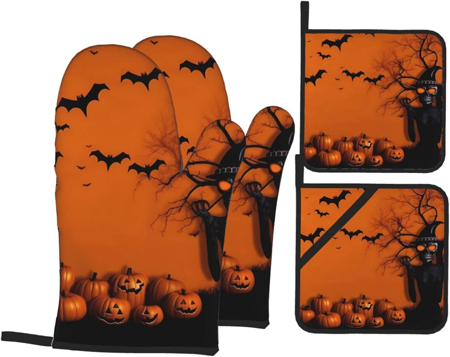XHHRRDNZ Orange Halloween Oven Mitts and Pot Holders Set of 4