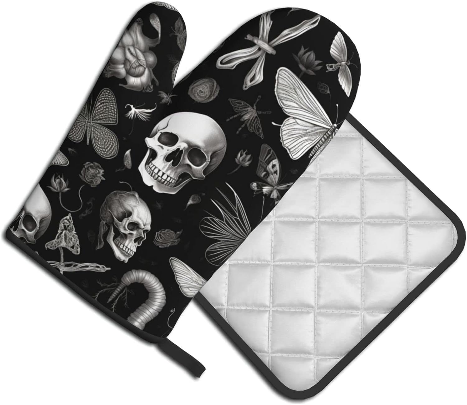 Halloween Black Butterfly Goth Skull Oven Mitts