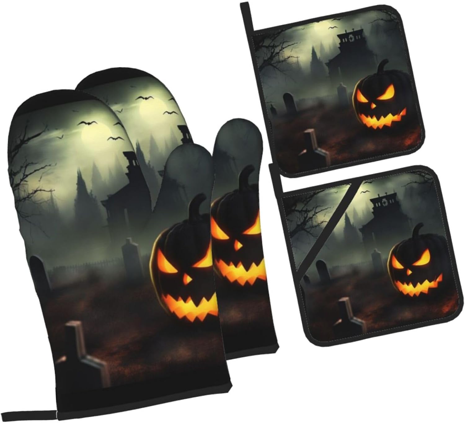 4PCS Halloween Horror Oven Mitts and Pot Holders Set