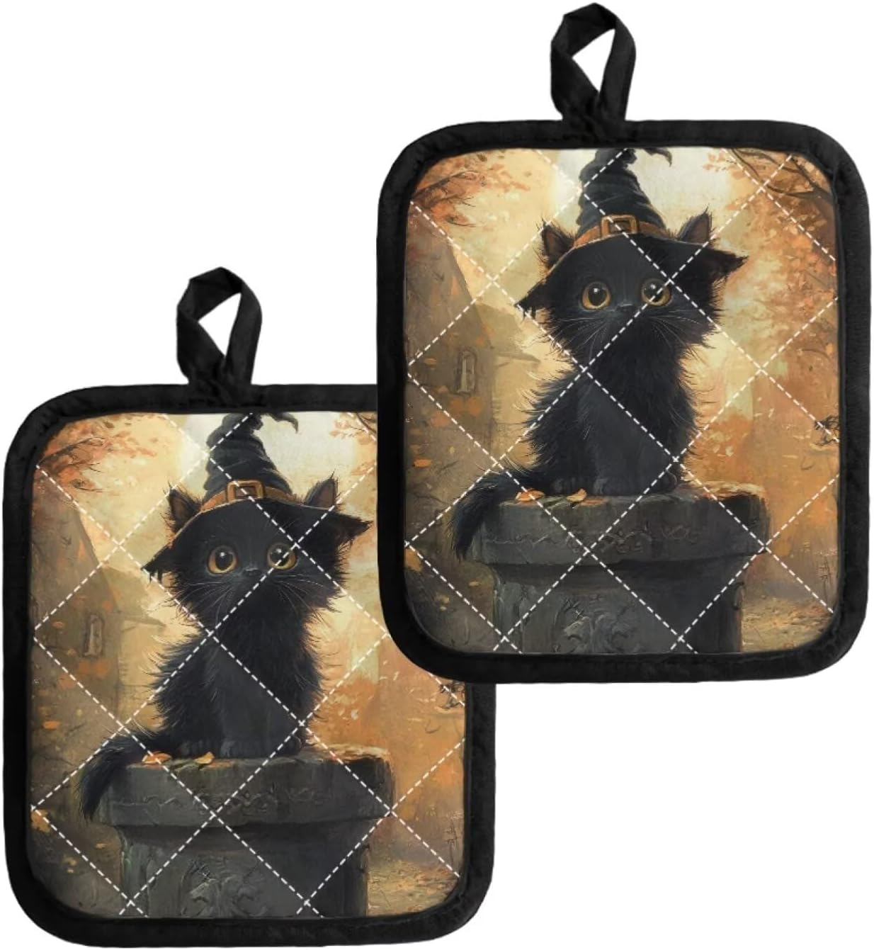 Trick-or-Treat Black Cat Kitchen Potholder Set