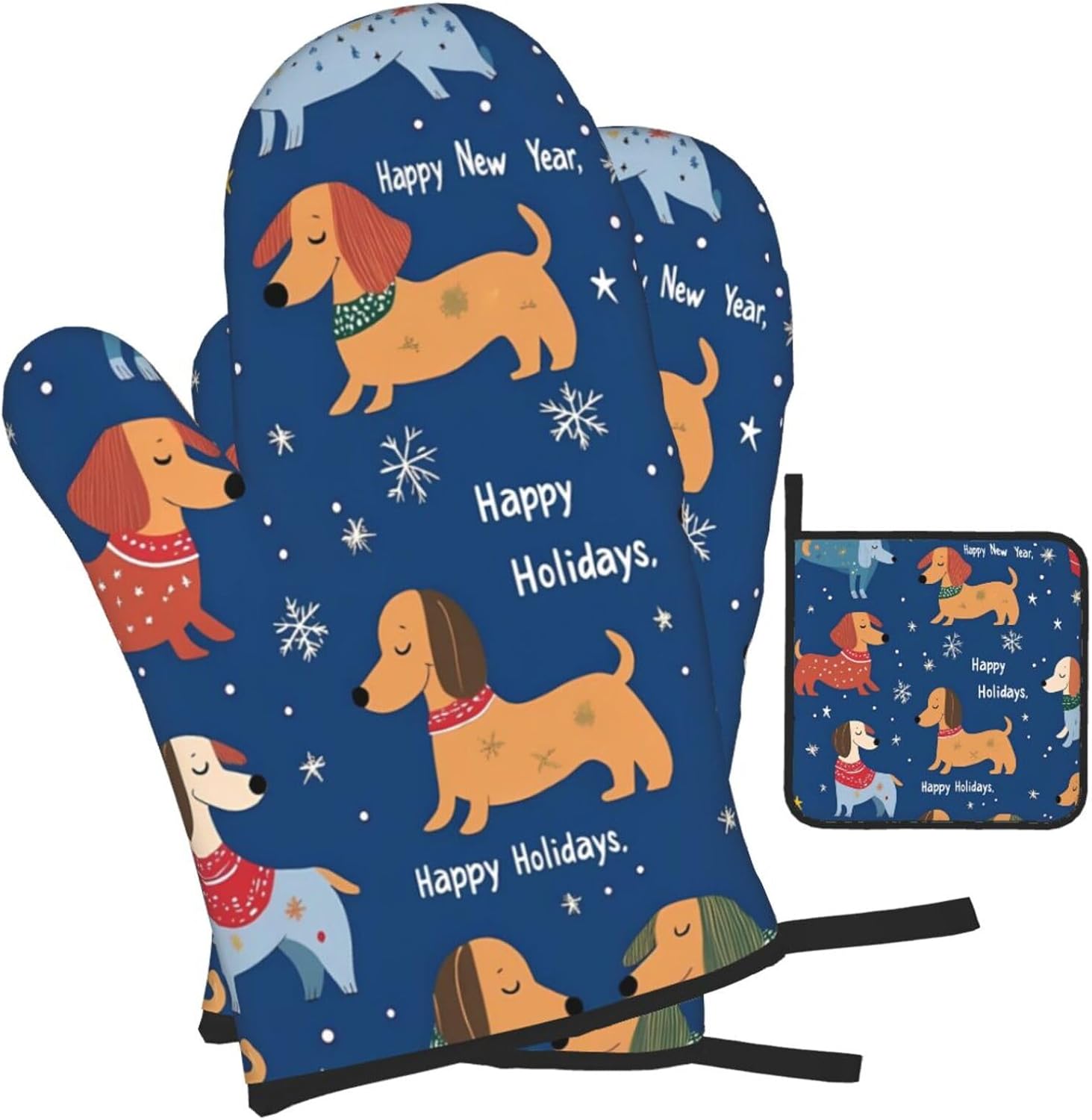 Dachshund Christmas Oven Mitts Potholders Set - Heat-Resistant and Non-Slip