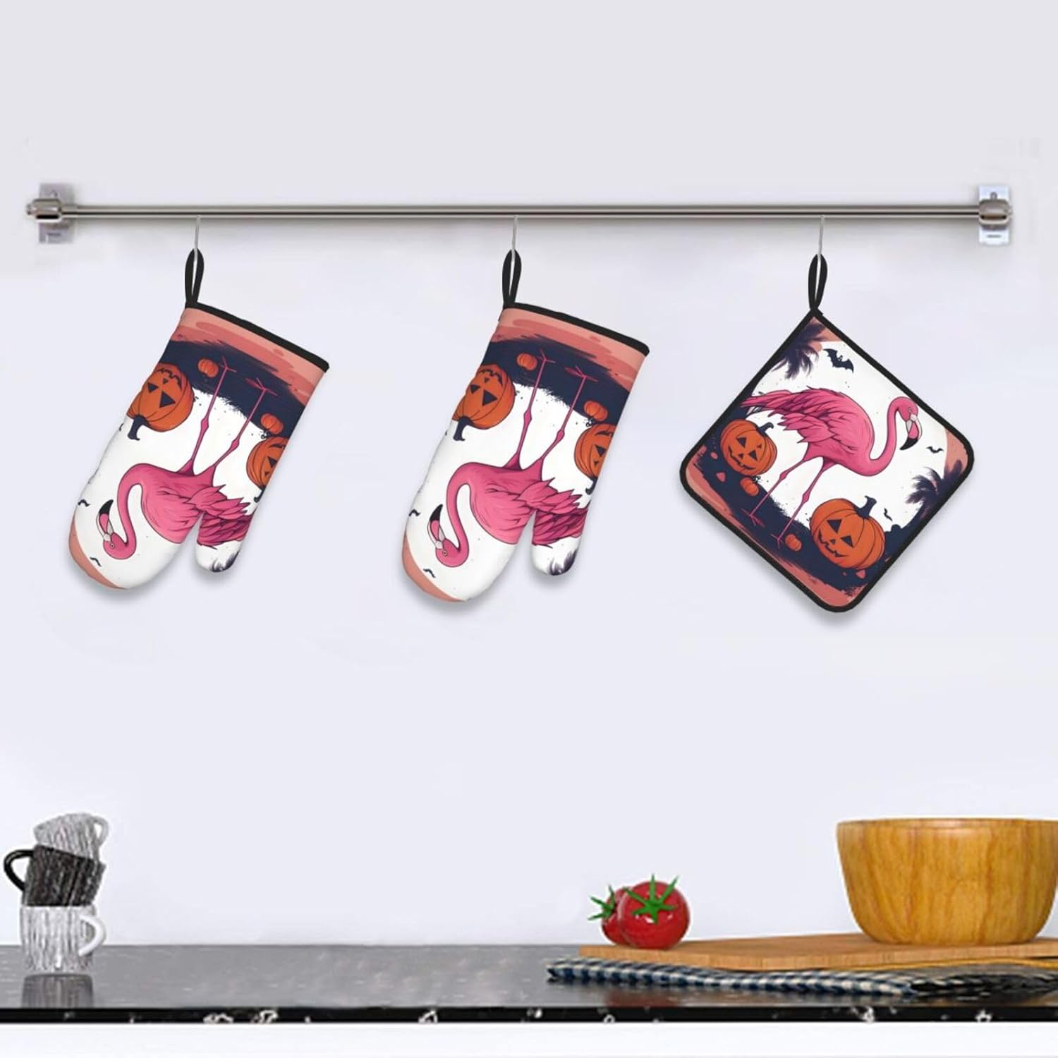 Halloween Flamingo Oven Mitts Pot Holders Set - Durable Waterproof