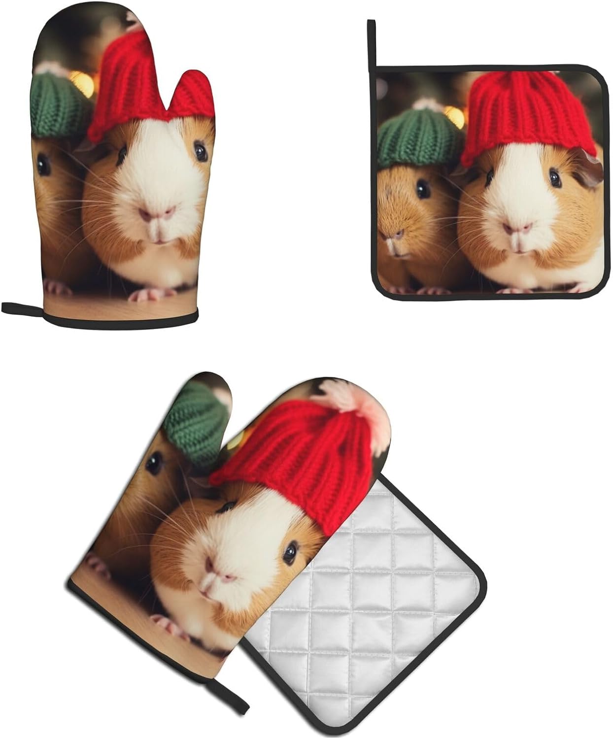 Quopvn Cute Guinea Pigs with Hats Oven Mitts 2-pc Set