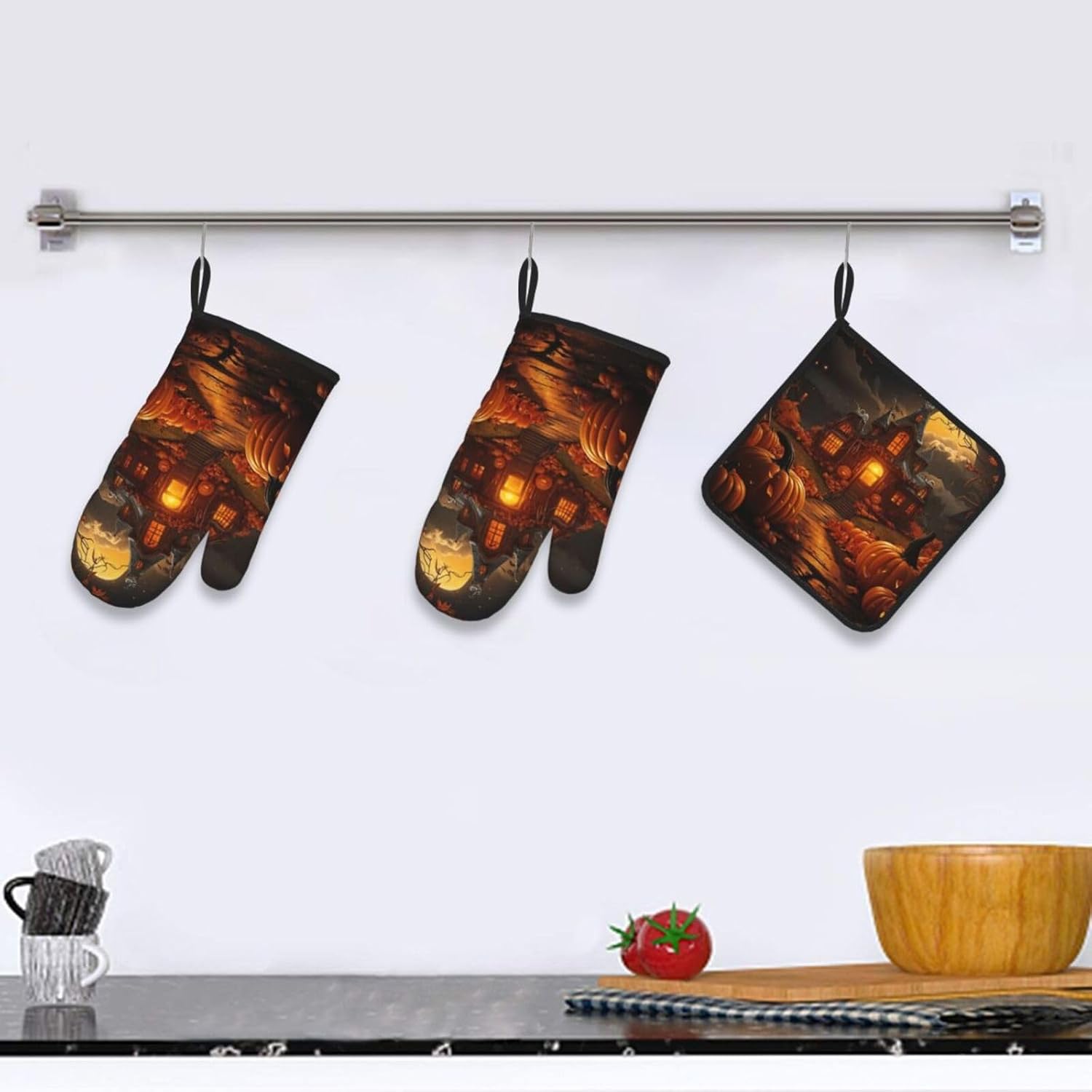 Pumpkin Halloween Oven Mitts Set of 3 for Cooking Baking