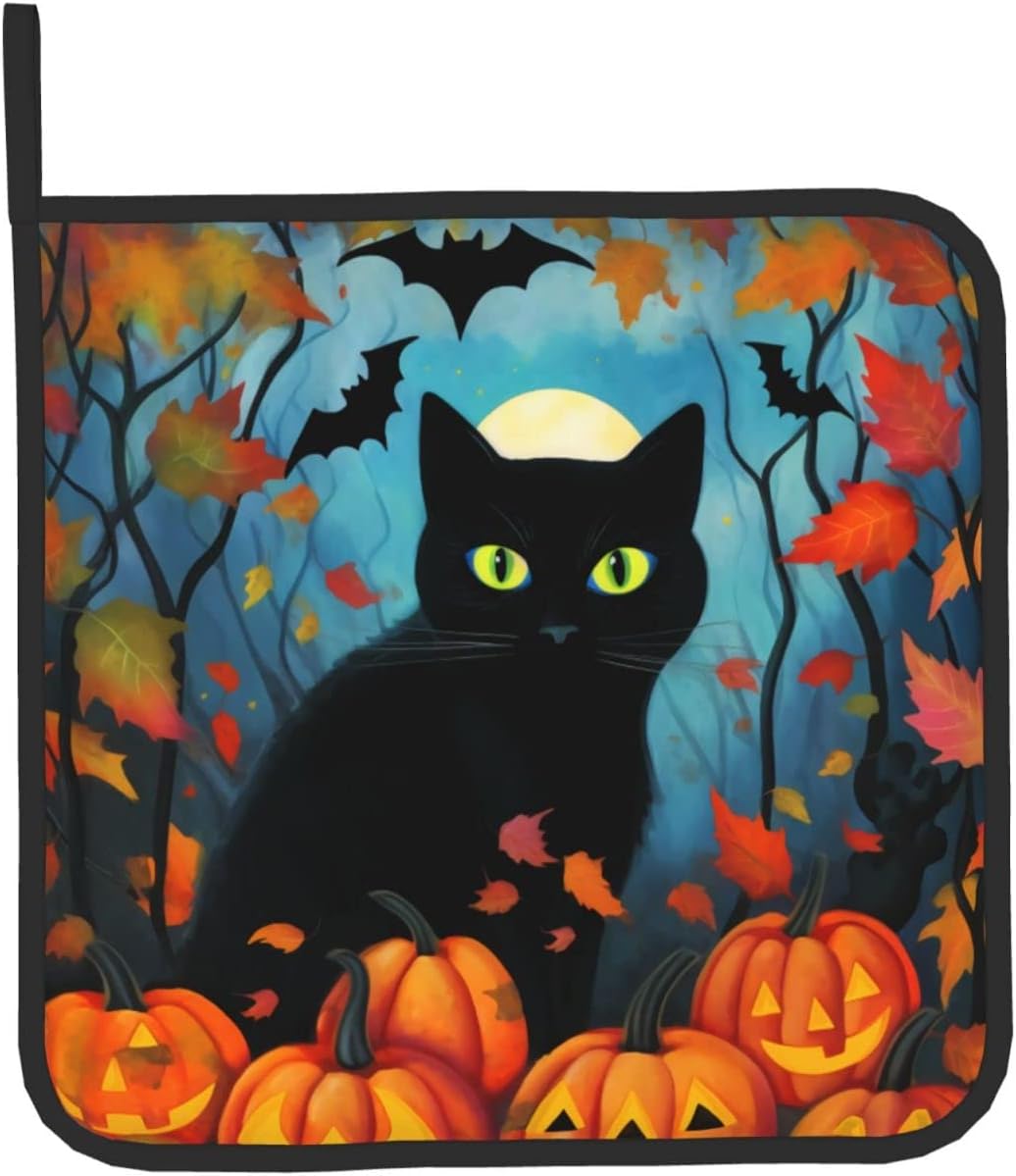 Dewoofly Black Cat Halloween Oven Mitts and Pot Holders Set