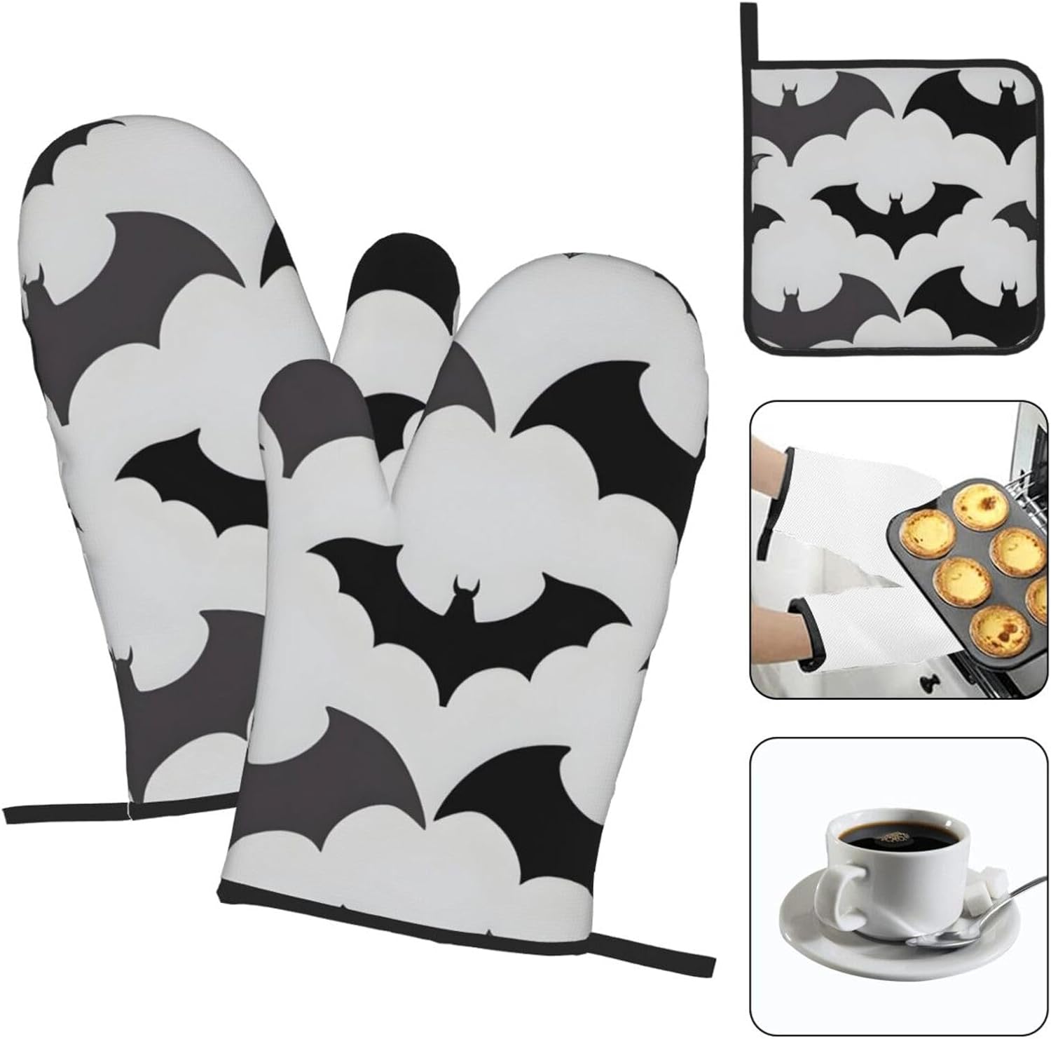 3-Piece Oven Mitts Set for Halloween Bats Grey Pattern