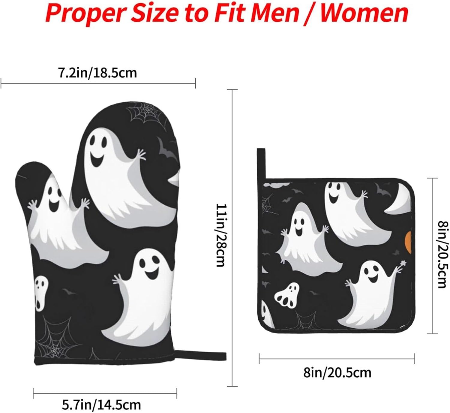 Oven Mitts Set of 4 with Heat-Resistant Black and Halloween Ghost Prints