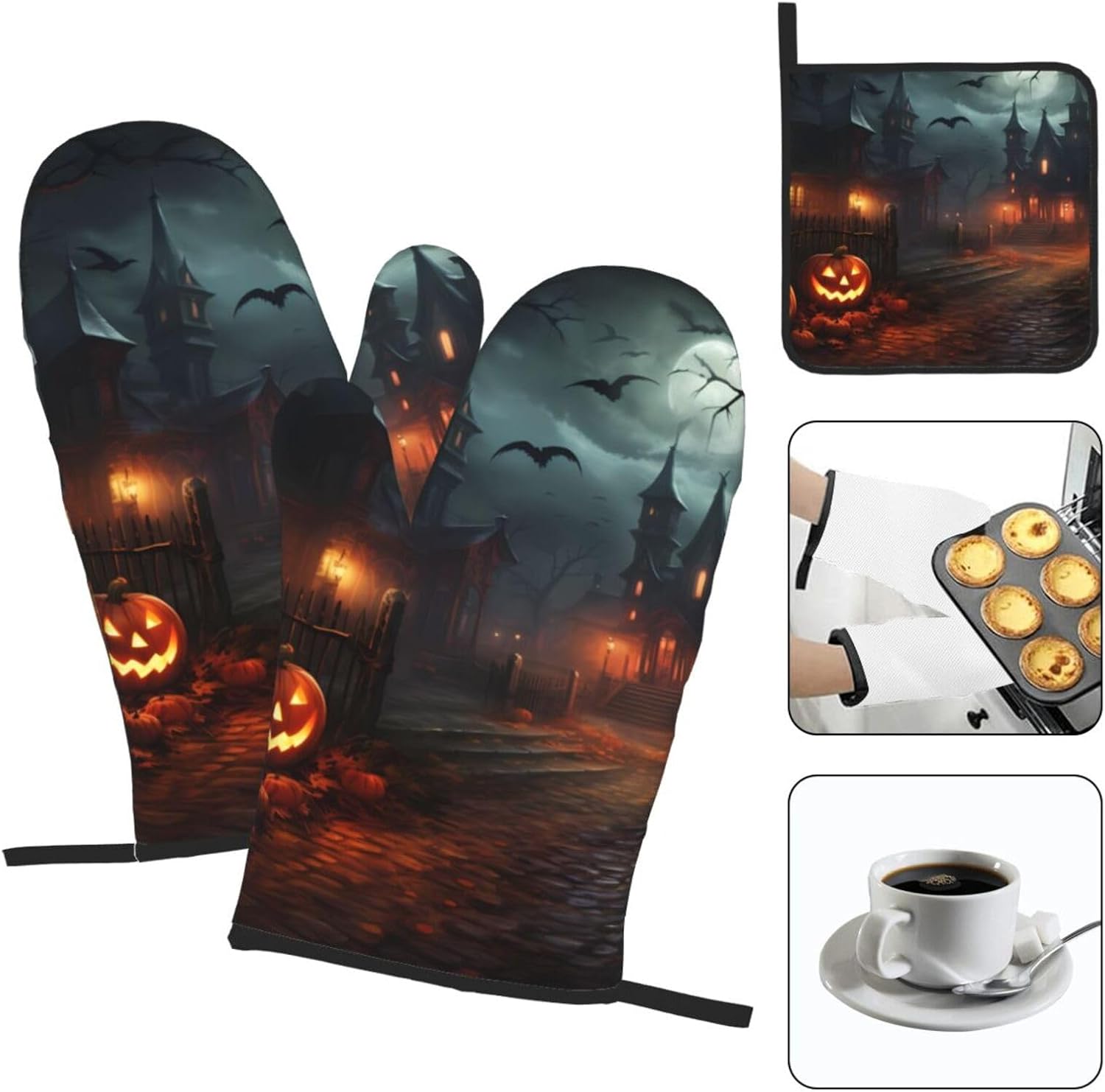 YYHHAOFA Halloween Horror Pattern Oven Mitt Pot Holder Set Durable Waterproof