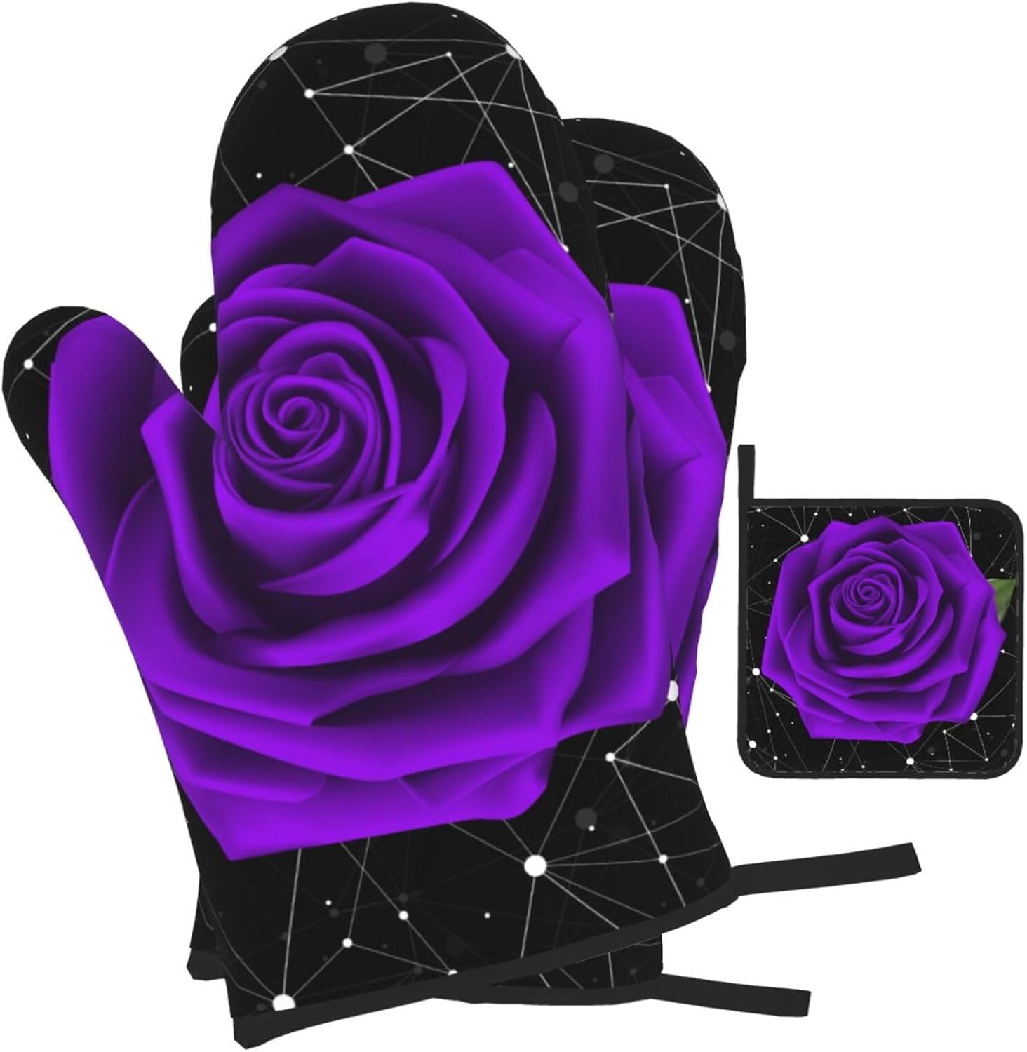 Oven Mitts Pot Holder Set of 3 Purple Rose Design