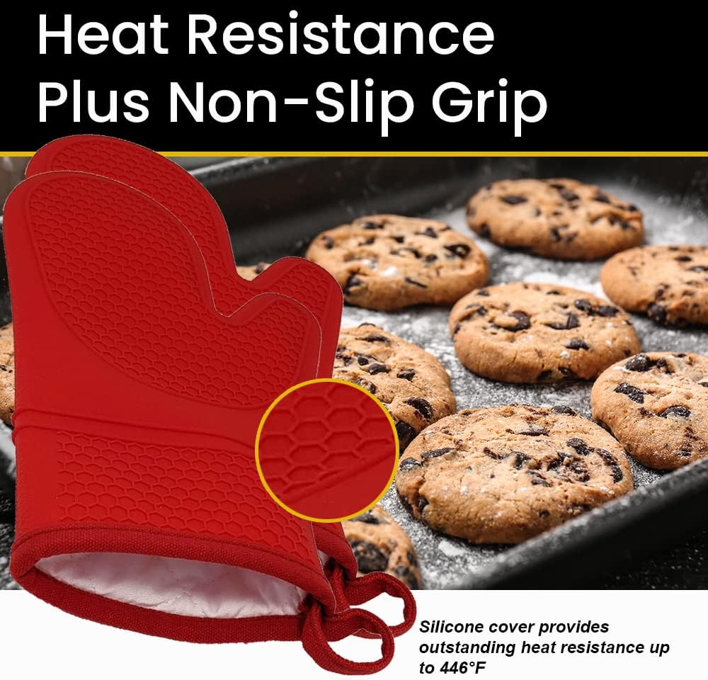 Heat Resistant Silicone Oven Mitts with Cotton Lining - Double Sided Red Pair