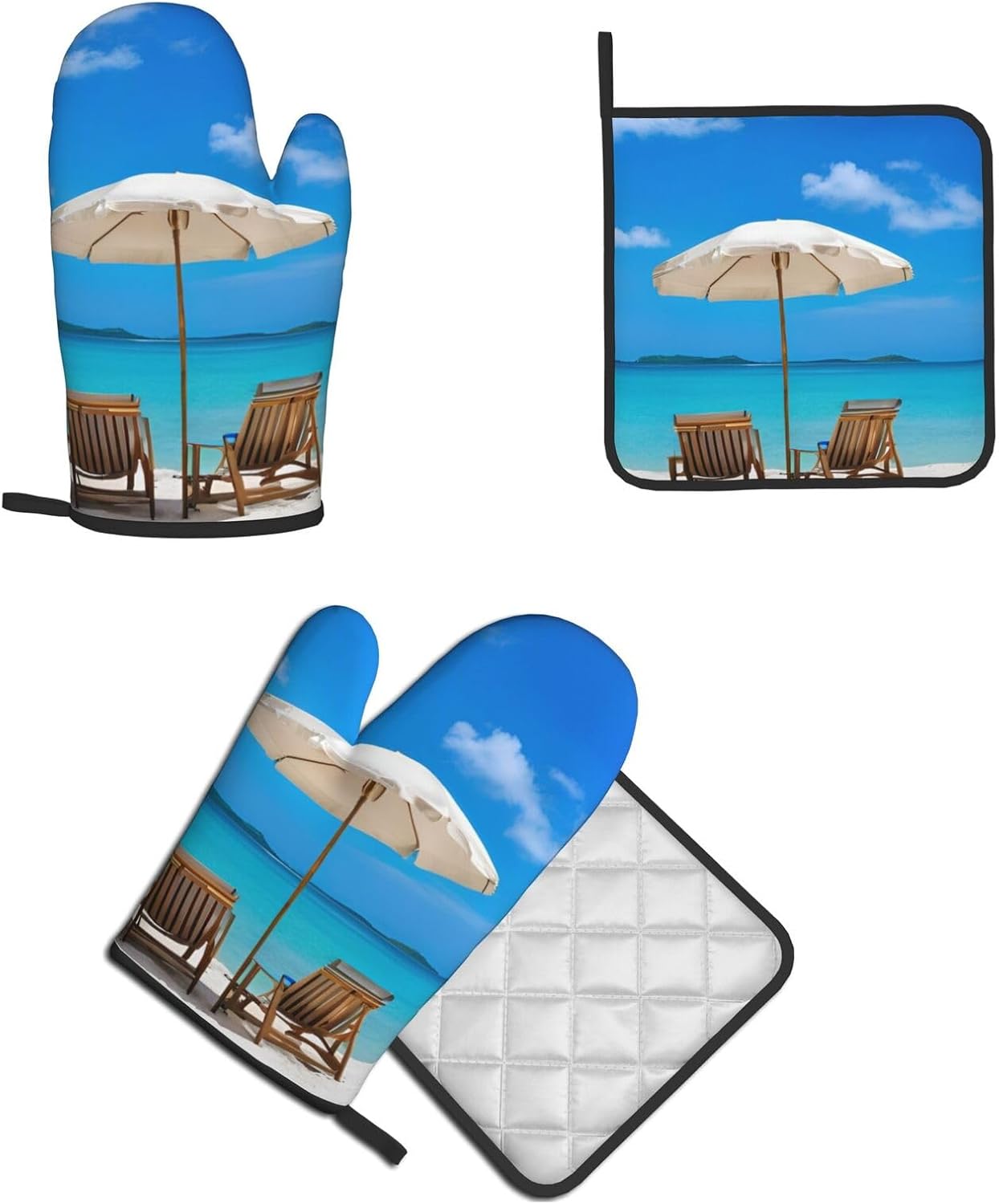 White Beach tropical ocean printed oven mitts and pot holders 2pc set