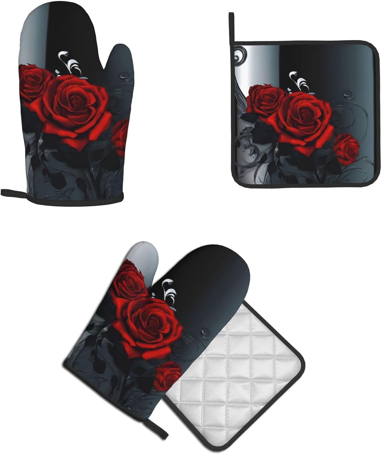 Pretty Roses Heat-Resistant Oven Mitt and Pot Holder Set