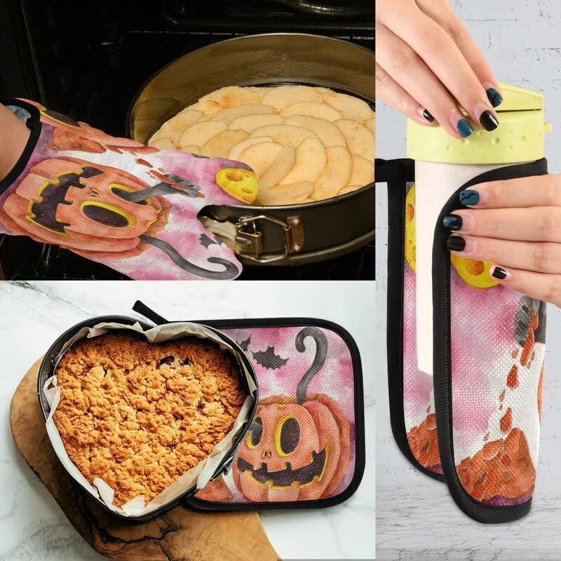 SPOOKYHe Halloween Funny Pumpkins Oven mitts Cat pot Holder SetF Halloween