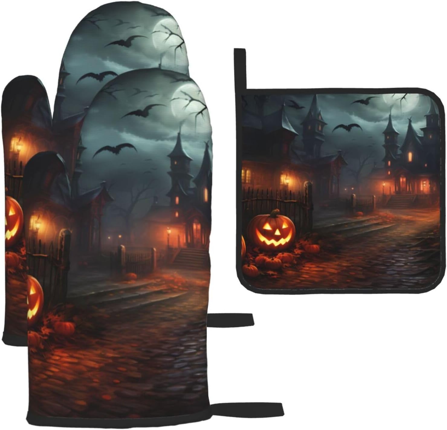 YYHHAOFA Halloween Horror Pattern Oven Mitt Pot Holder Set Durable Waterproof