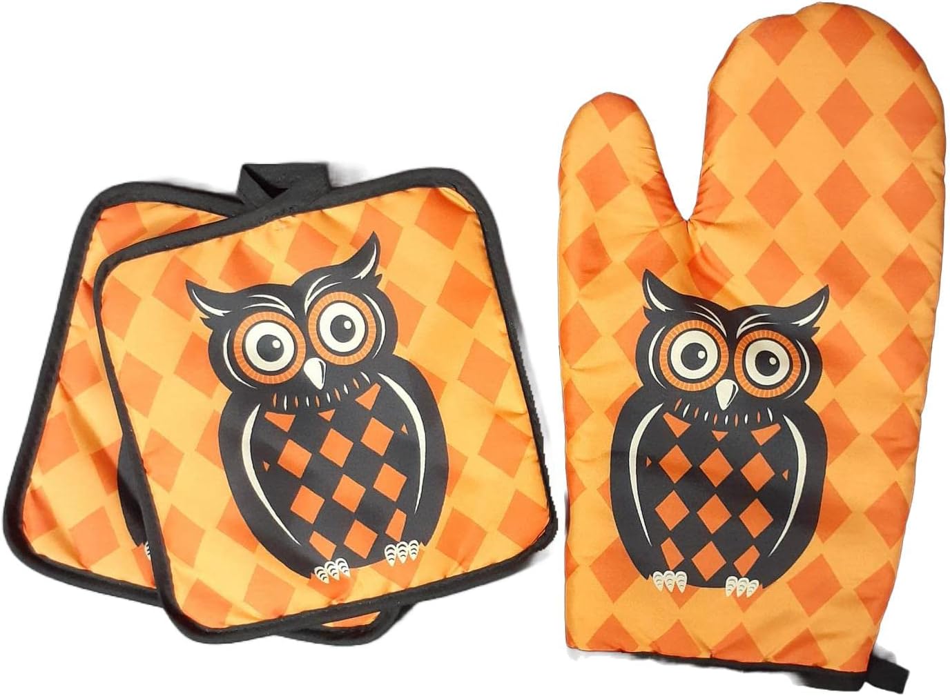 Owl Diamond Pattern Eco-Friendly Halloween Oven Mitt Potholders Set