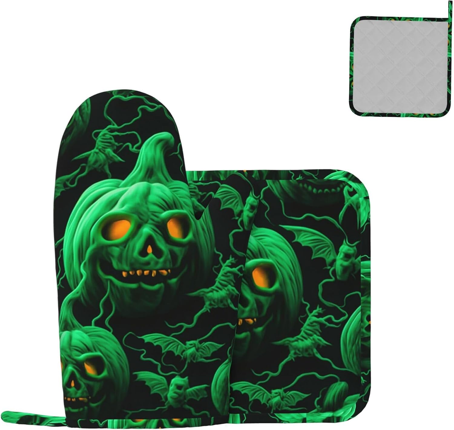 2-Piece Heat-Resistant Oven Mitts Pot Holders Set Non-Slip Halloween-Theme