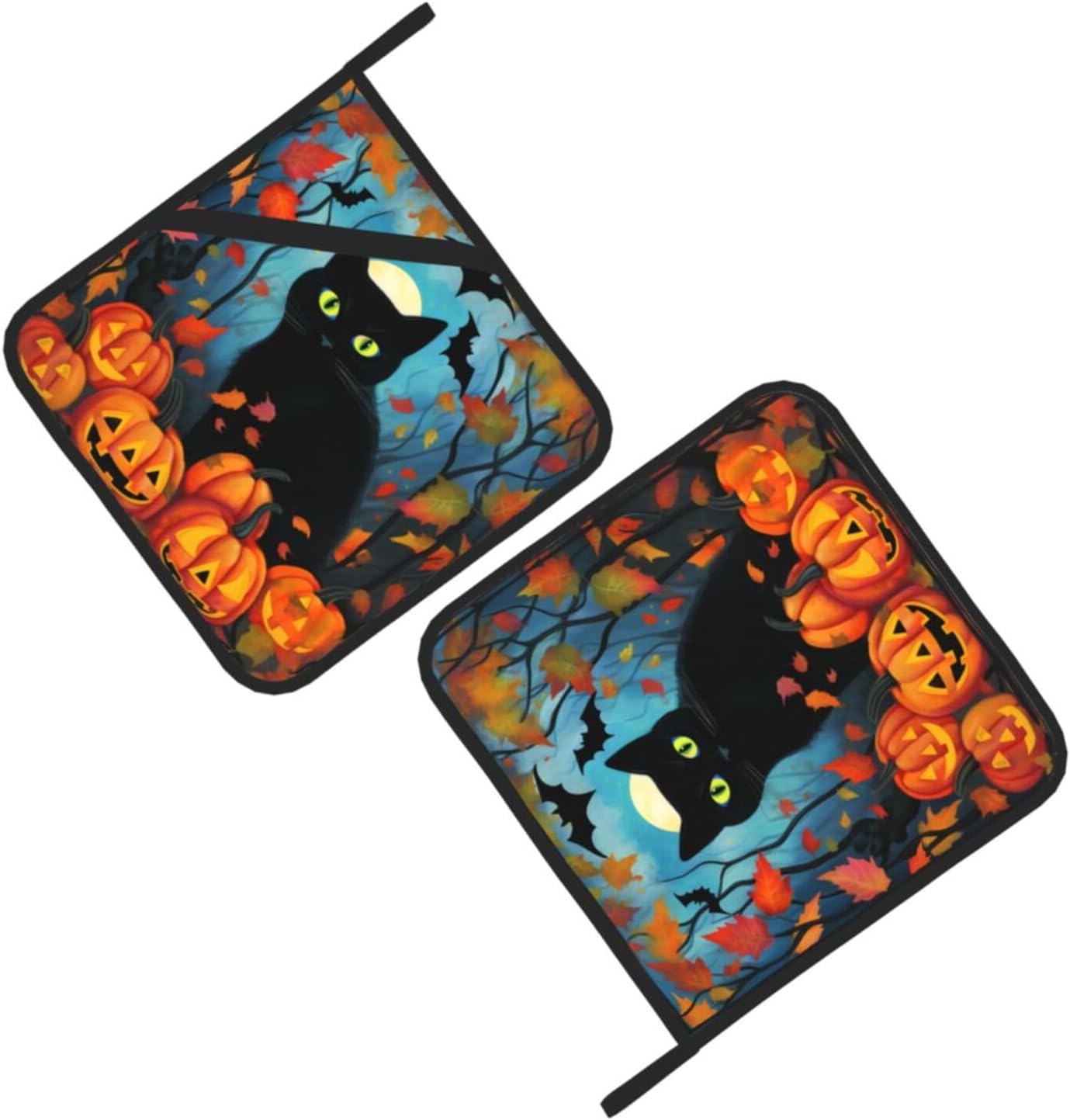 Halloween Black Cat Pumpkin Leave Pot Holder Set