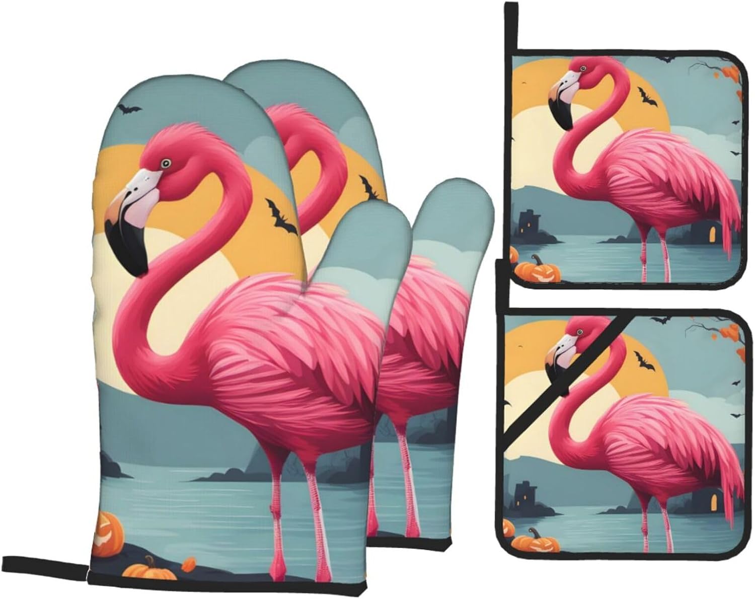 YYHHAOFA Cartoon Halloween Flamingo Oven Mitt Set - 4-Piece Insulated Kitchen Baking Tools