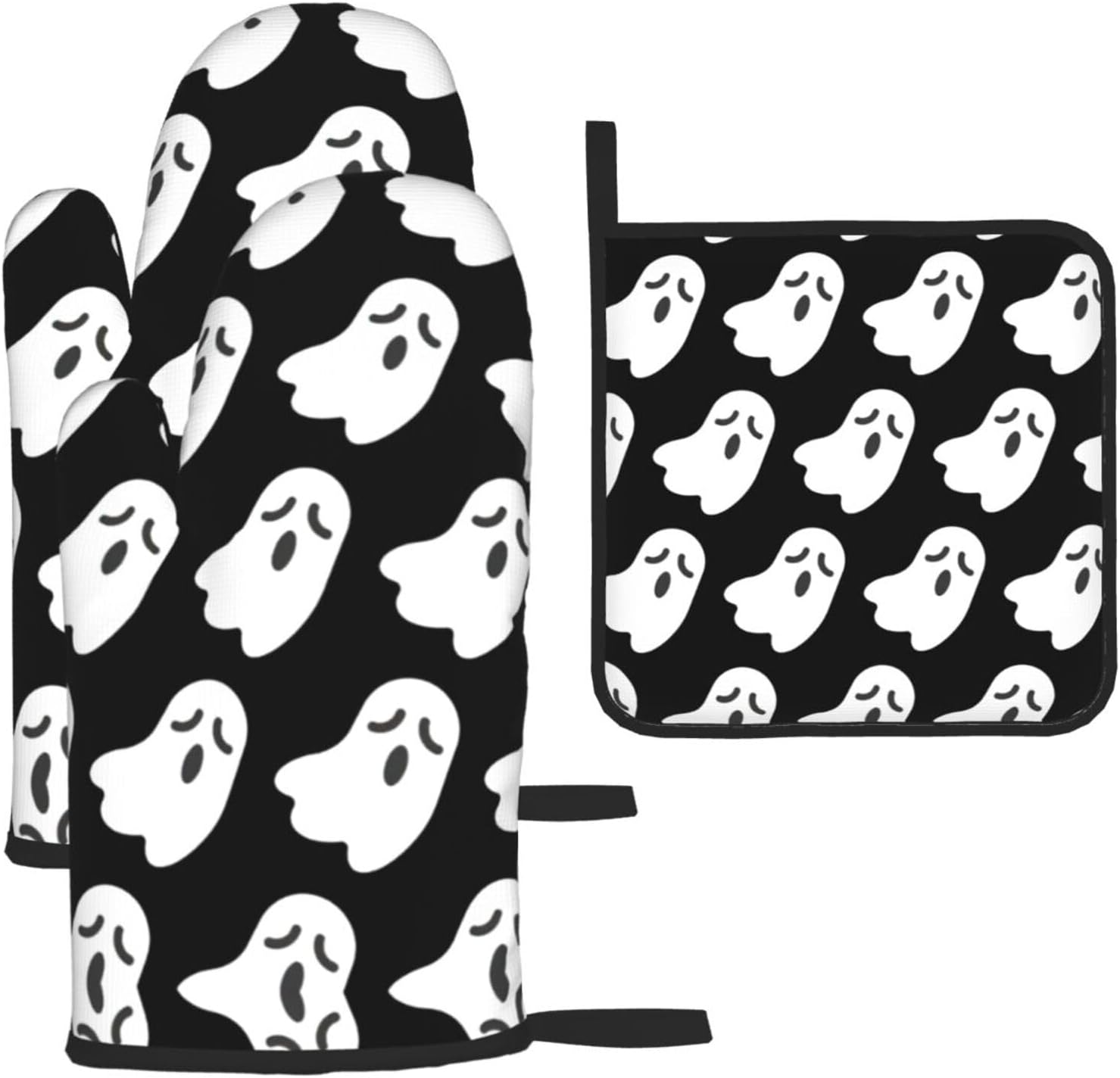 Halloween Ghost Pattern Heat-Resistant Oven Mitt Set for Cooking Baking