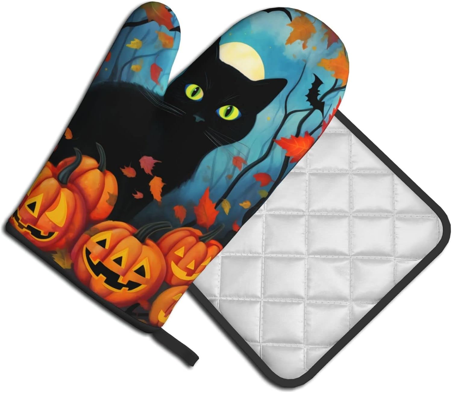 Dewoofly Black Cat Halloween Oven Mitts and Pot Holders Set