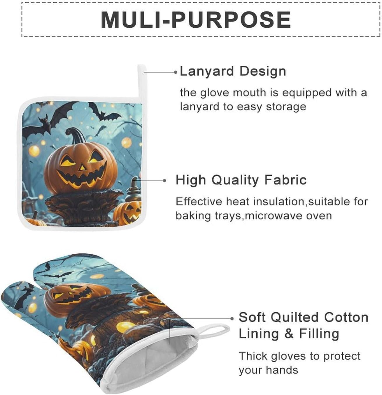 Halloween Oven Mitts Pot Holders - 3-Piece Set withFlying Bats Design