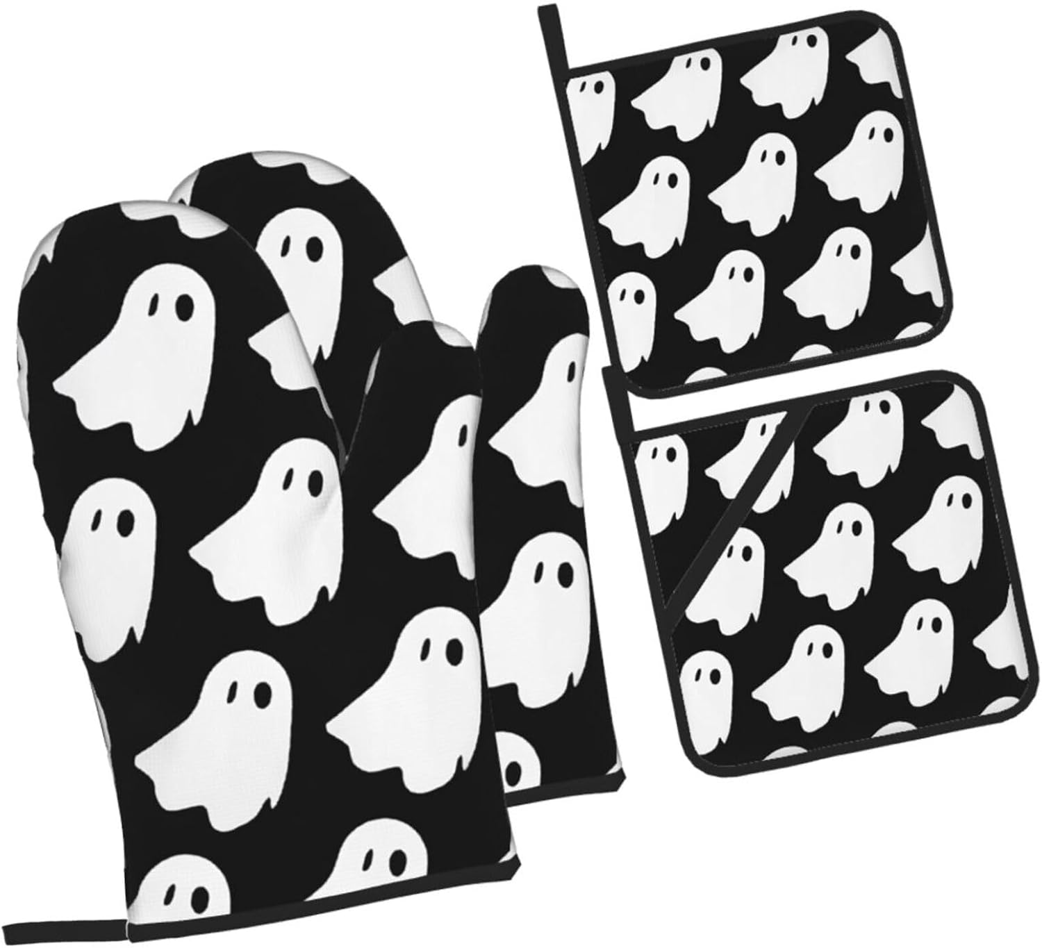 Cute White Halloween Pattern Oven Mitts and Pot Holders Set