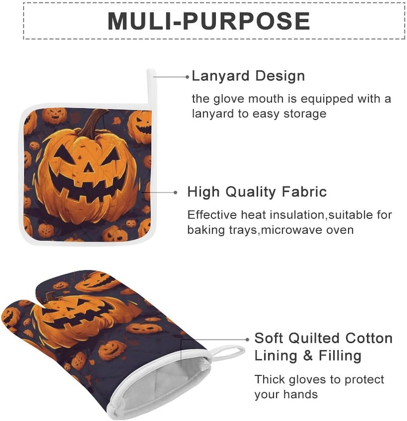 Halloween Pumpkin Oven Mitts and Pot Holders Set