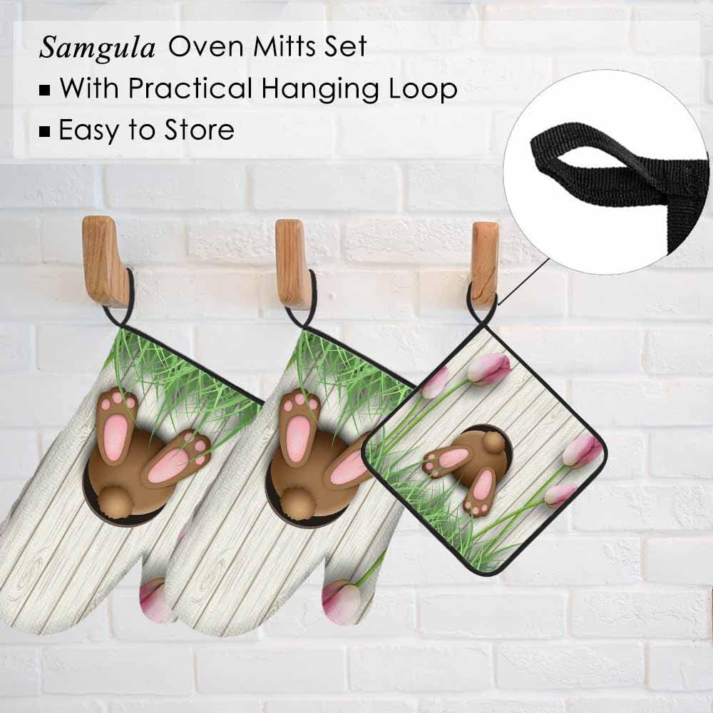 Adorable Brown Bunny Oven Mitts Pot Holder Set for Baking Cooking