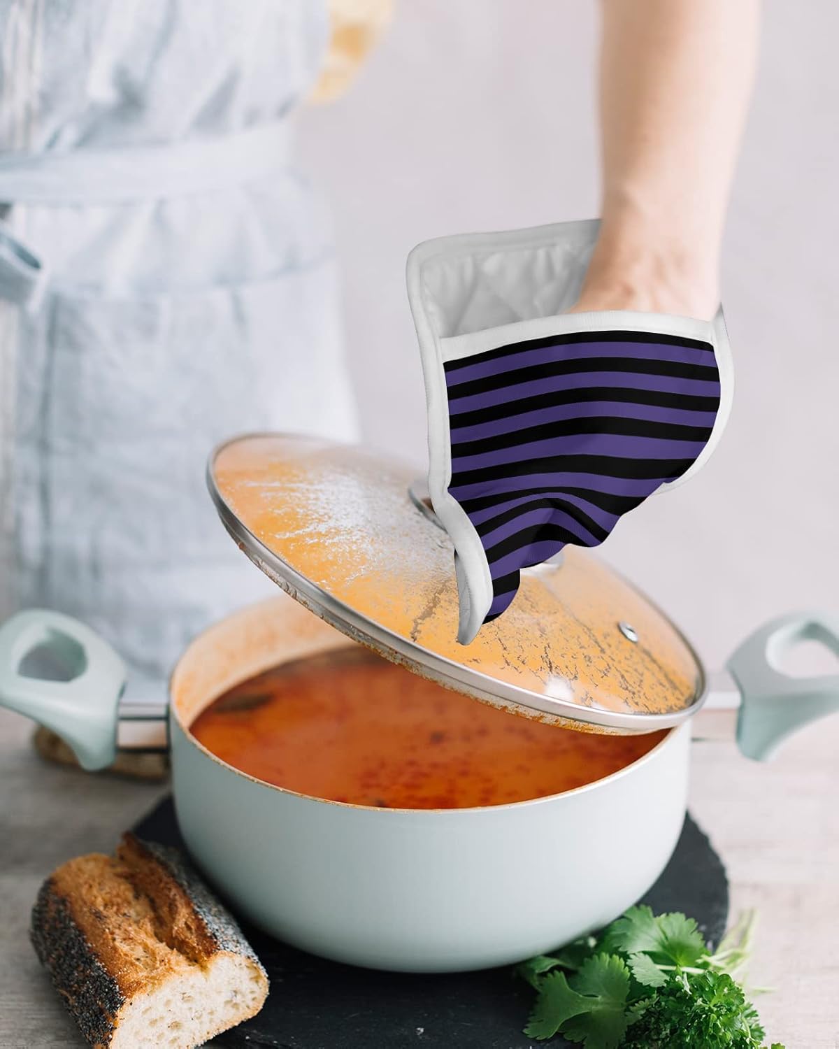 Halloween Striped Purple Potholders Set Oven Mitts for Kitchen Heat-Resistant Black