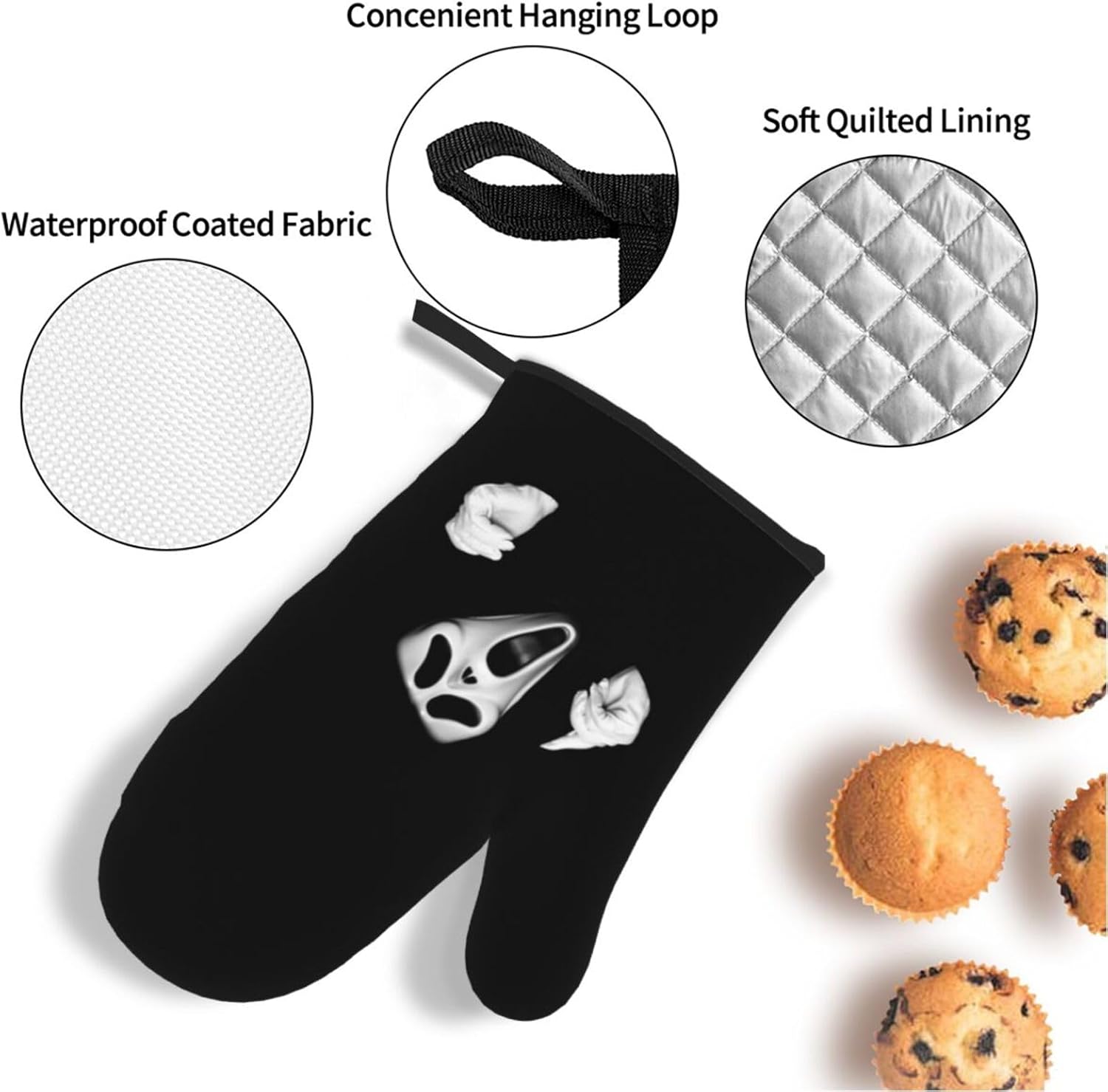 Scream Ghost Face Black Halloween Oven Mitts and Pot Holders 4-Piece Set