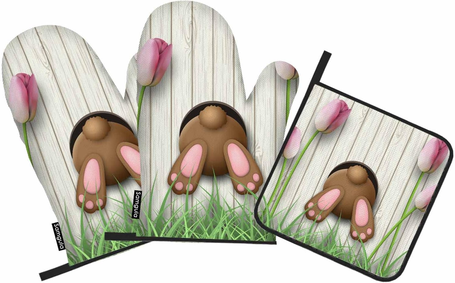 Adorable Brown Bunny Oven Mitts Pot Holder Set for Baking Cooking