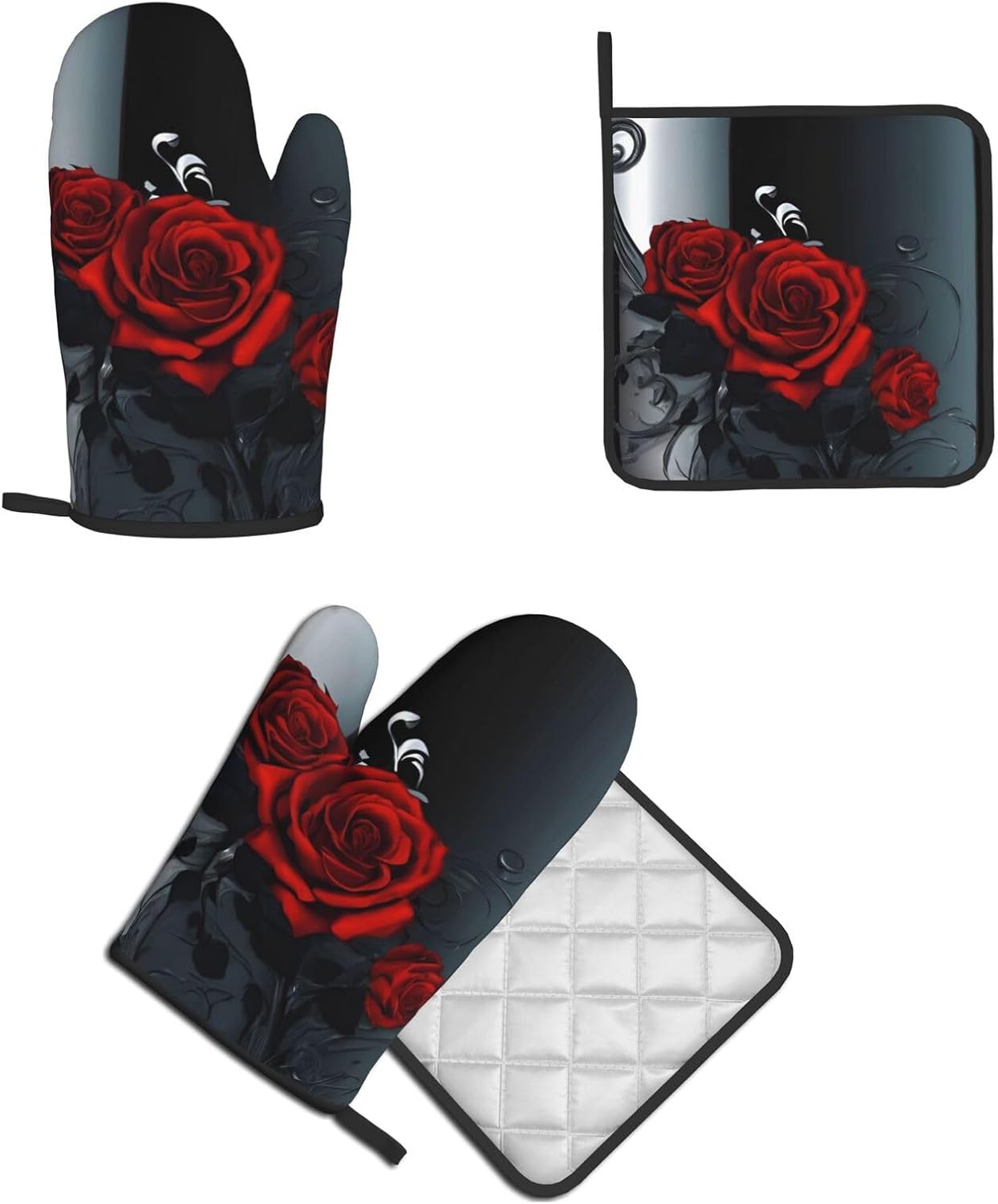 Pretty Roses Heat-Resistant Oven Mitt and Pot Holder Set
