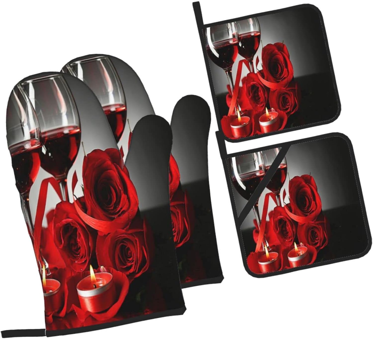 DONMYER Red Rose Oven Mitts and Pot Holders Set of 4