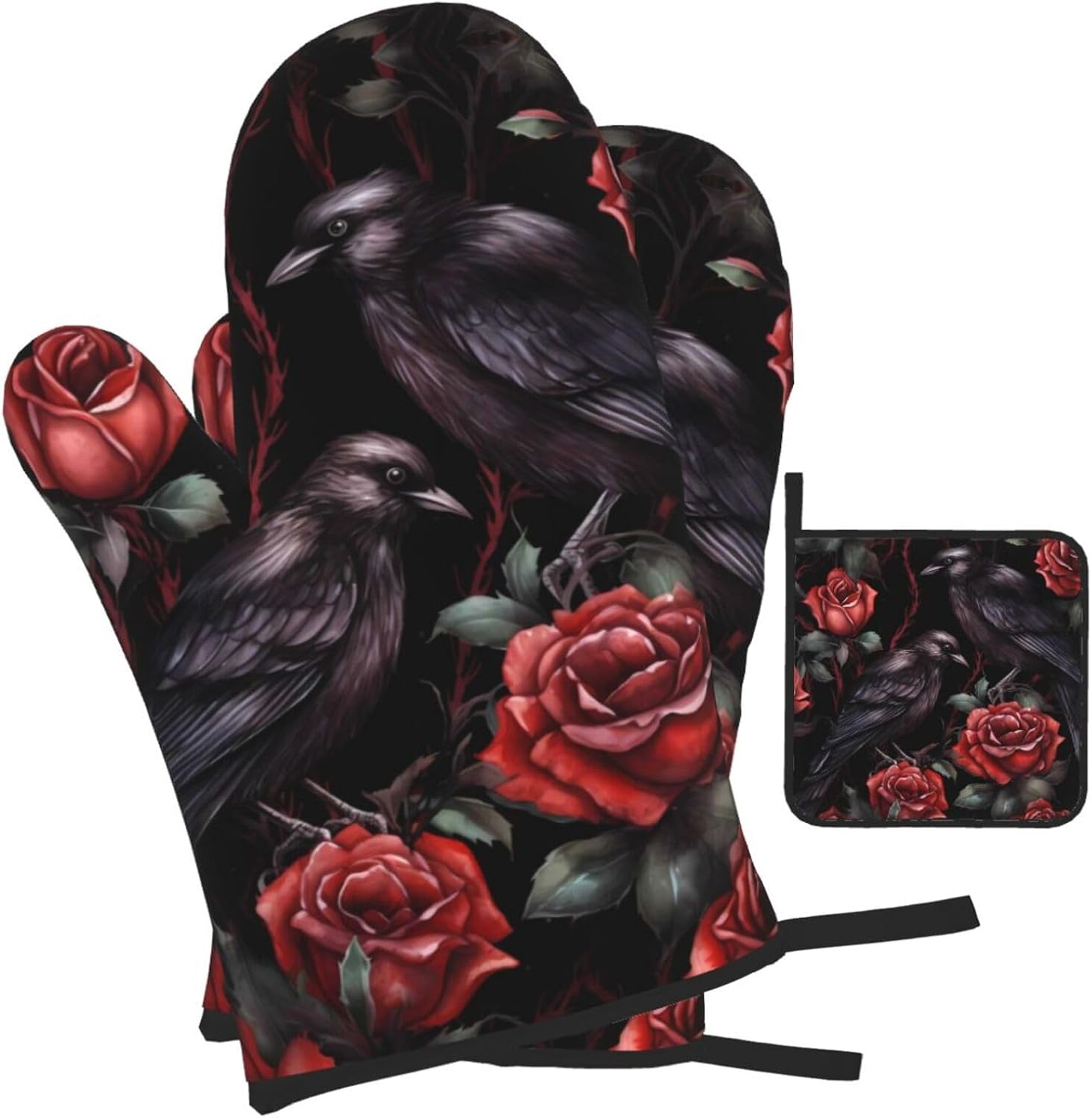 DXTKWL Halloween Rose Crows Oven Mitt Set of 3