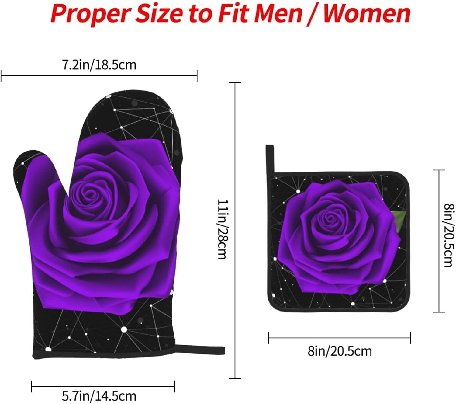 Oven Mitts Pot Holder Set of 3 Purple Rose Design