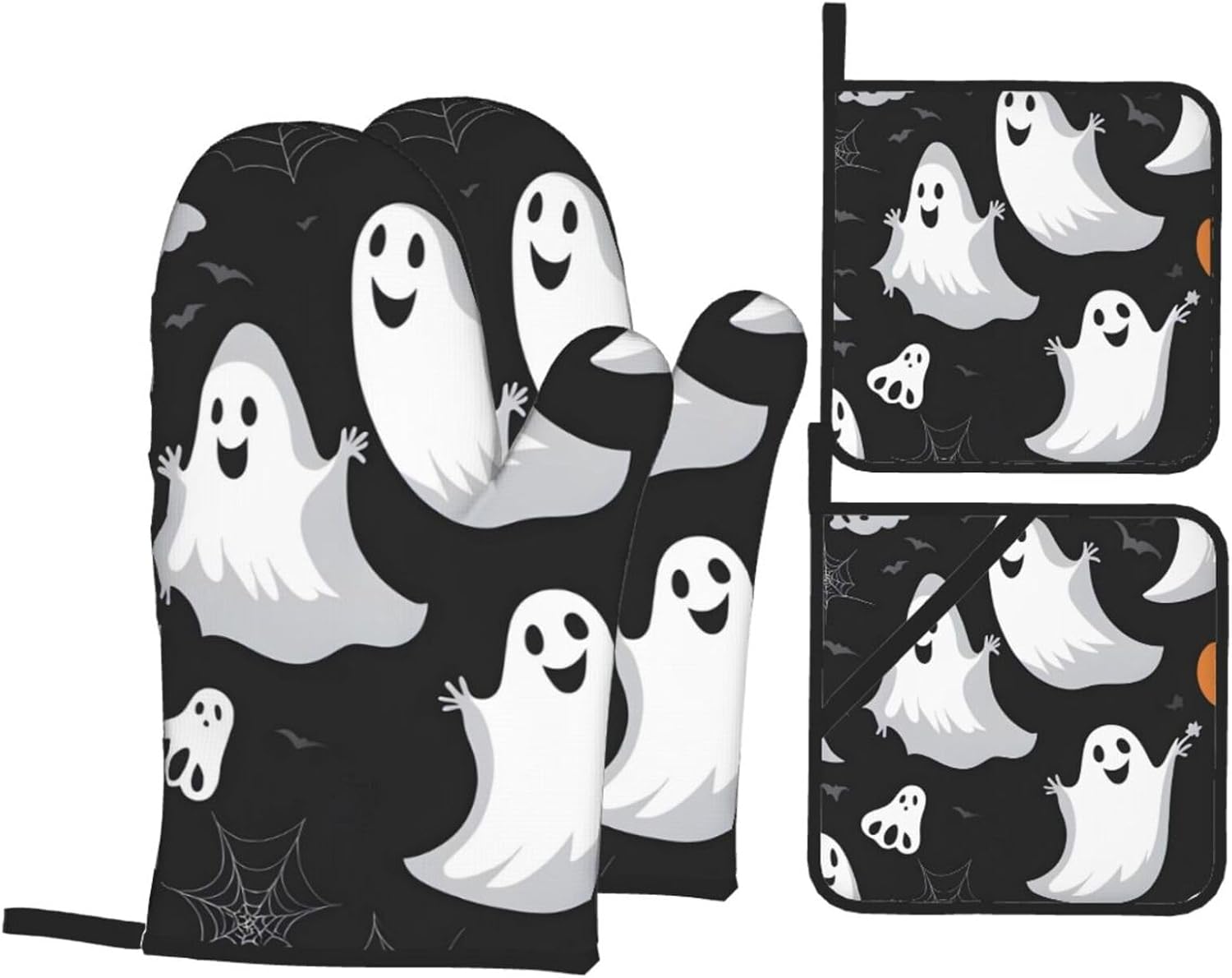 Oven Mitts Set of 4 with Heat-Resistant Black and Halloween Ghost Prints