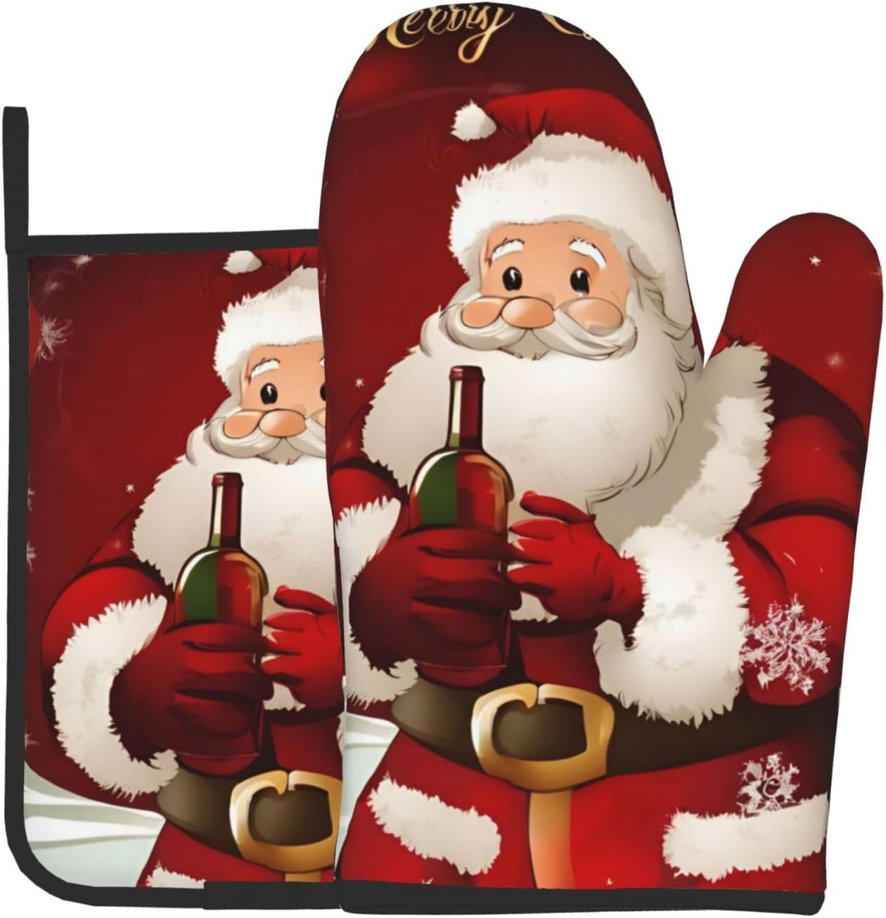Merry Christmas Santa Claus Printed Oven Mitts and Pot Holders 2pcs Set