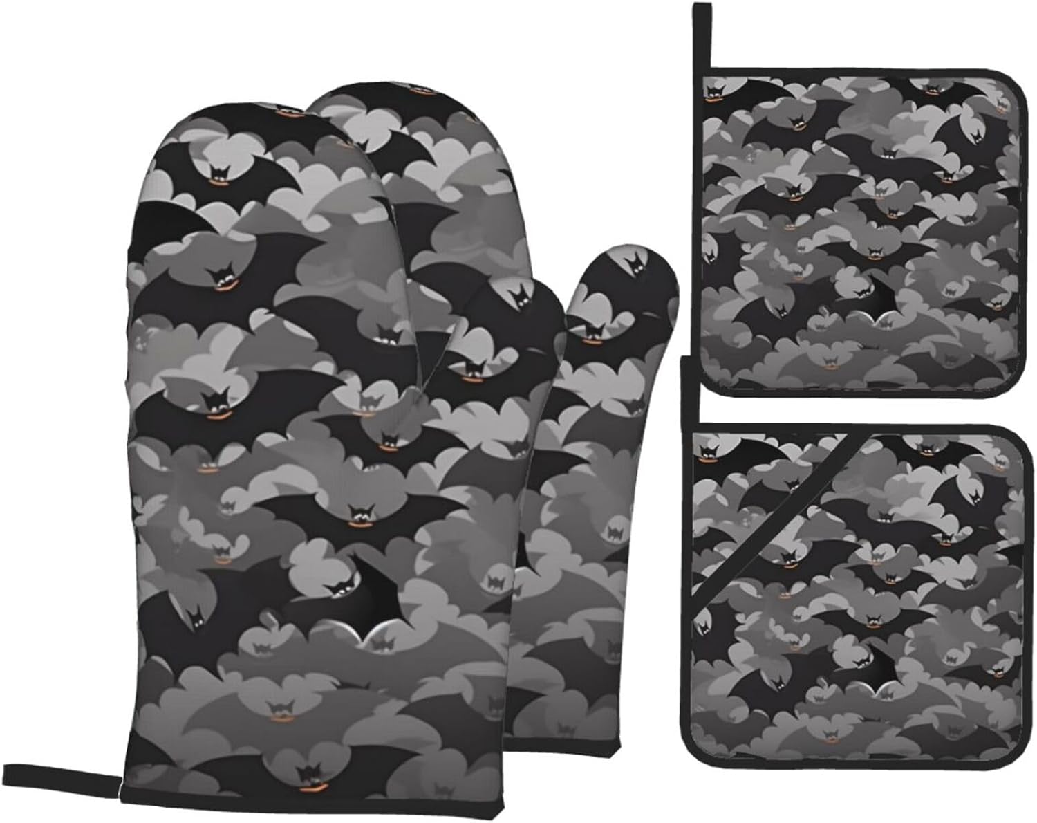 Halloween Bats Grey Ovenmitts Pot Holders Set - Heat Resistant Kitchen Gift