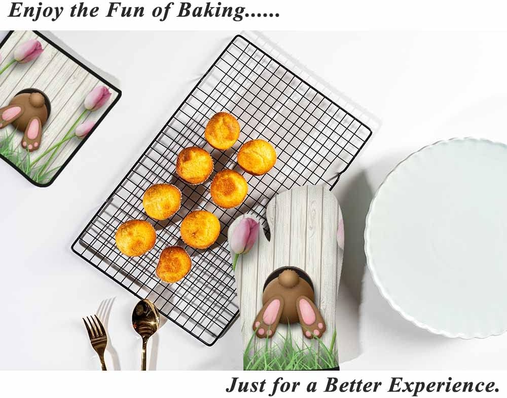 Adorable Brown Bunny Oven Mitts Pot Holder Set for Baking Cooking