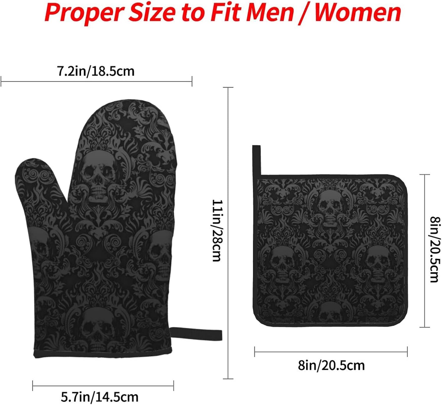 Gothic Skull Oven Mitt and Pot Holder Set 4-Piece Spell of Protection