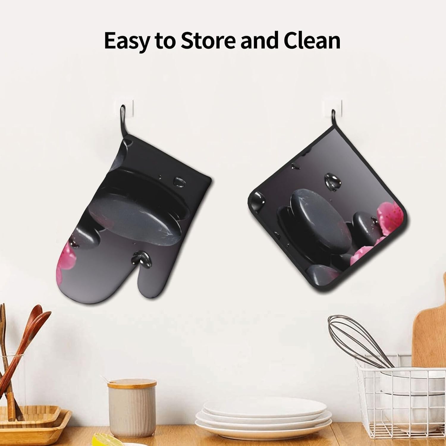Multi-Use Oven Mitts and Pot Holders Set with Stone and Rose Pattern