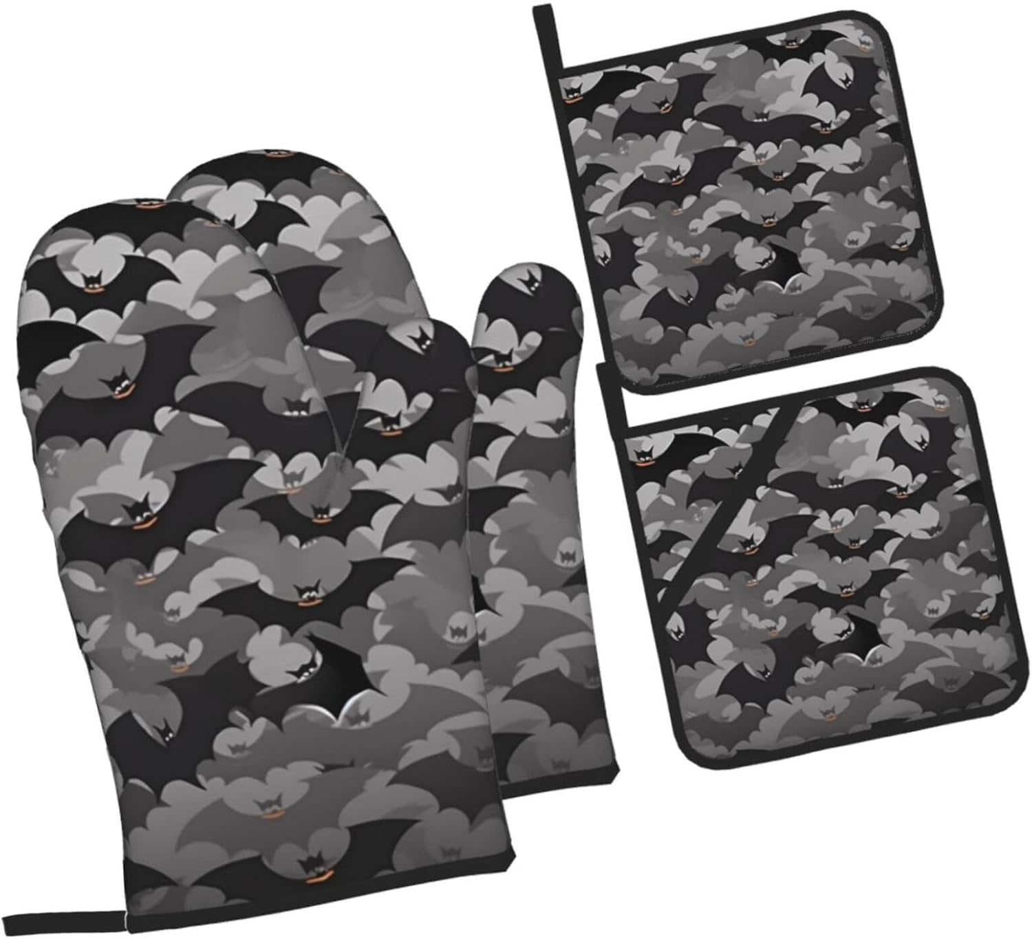 Halloween Bats Grey Ovenmitts Pot Holders Set - Heat Resistant Kitchen Gift